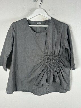 Tulip Womens Olga Pullover Top XS Black White Gingham 3/4 Sleeve Ruched Detail